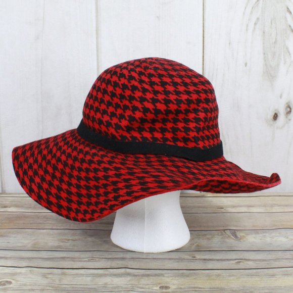 Something Special Red Houndstooth Wool Felt Soft Wide Brim Hat Size OS - Picture 4 of 9